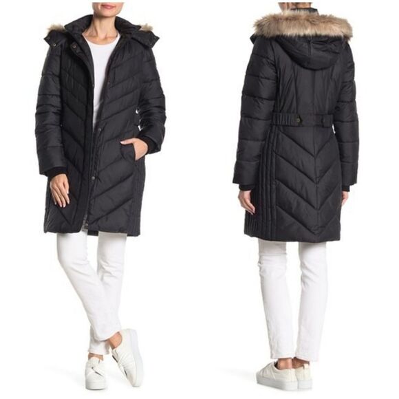 NEW Larry Levine Faux Fur Puffer Jacket in Black. - Picture 1 of 8